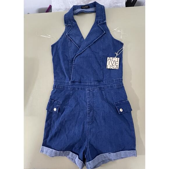 Active USA Women's M Notched Collar Halter Style Neck Denim Shorts Romper Blue - Picture 1 of 16